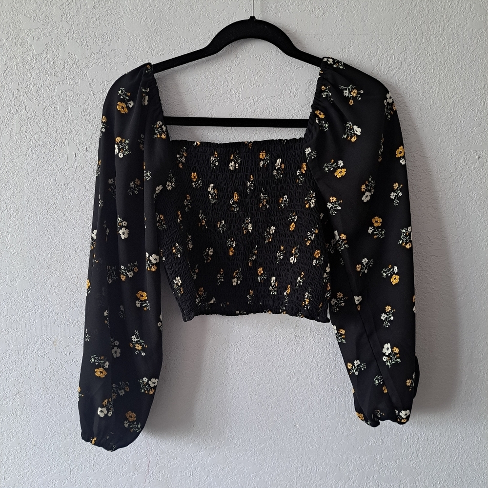 Love Tree Black Floral Smocked Blouse